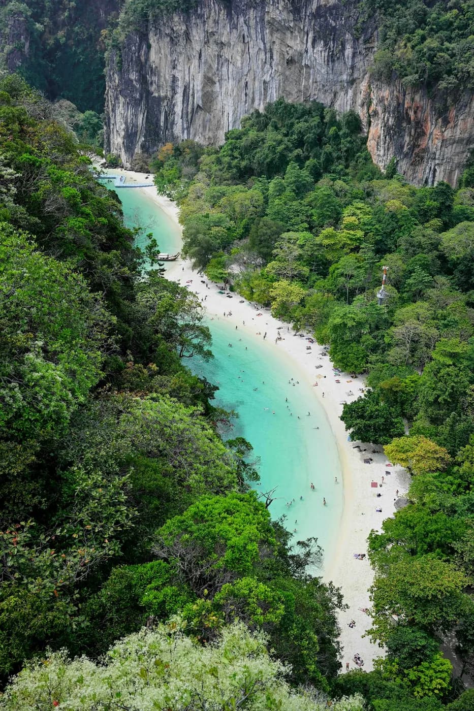A curving bay of turquoise water below forested cliffs